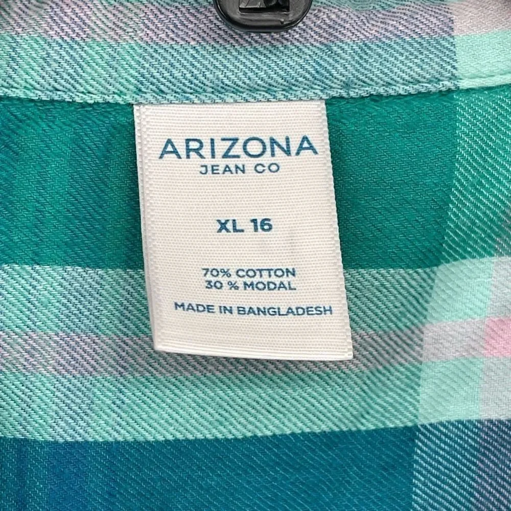 Arizona Jean Co Girl’s Green Pink Cotton Modal Plaid Button Front Top XL 16